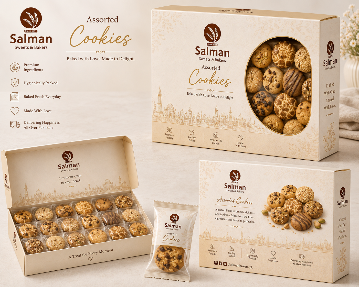 Assorted cookies in maroon bakery box